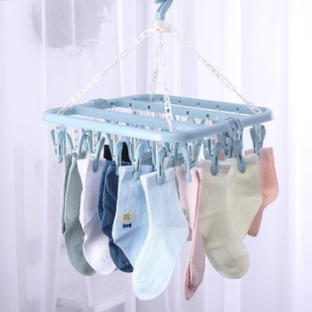 Clothes Hanger with 32 Clips for Home Use, Foldable, Non-Marking, Non-Slip Drying Clips, Multifunctional Clothes Rack, Plastic Windproof Hanger, Sock Clips