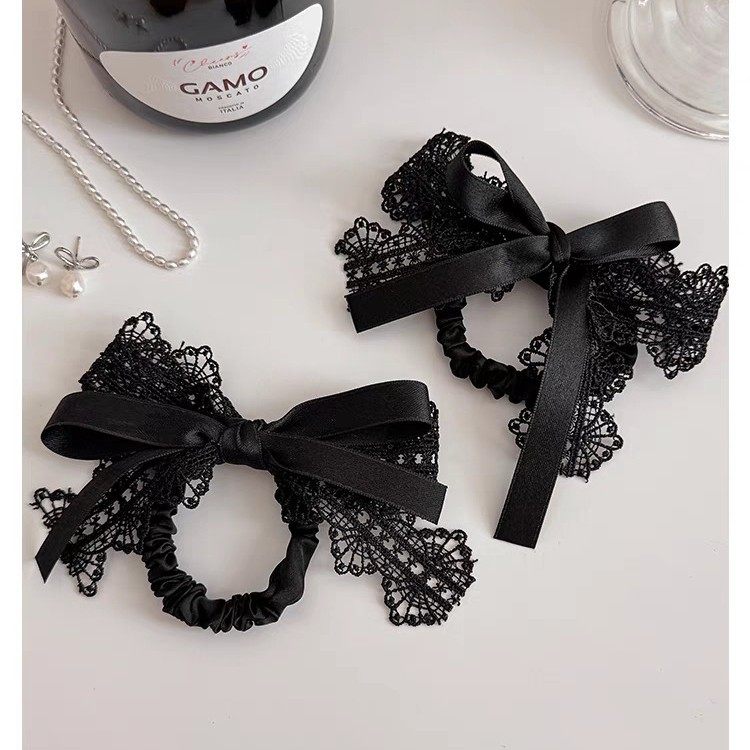 High-End Black Lace Ribbon Bow Hair Rope Women's New Hair Tie French Accessible Luxury Niche Ball Hair Accessories