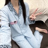 Немецкая бархатная пижама с леопардовым узором, женские осенне-зимние синие брюки с длинными рукавами, кардиган с лацканами, милый мультяшный костюм для дома