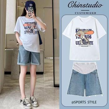 Summer Thin Pregnant Women's Denim Shorts Outer Wear Pregnant Women's Five-point Pants Loose Plus Size 200 Jin Pregnant Women's Suit