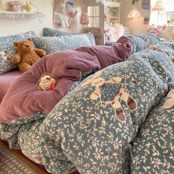 Winter Thickened Milk Bed Sheet Quilt Four-Piece Set Coral Fleece Duvet Cover Student Dormitory Warm Cartoon Three-Piece Set