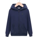 Terry navy blue cardigan with small black heart on the front and big black heart on the back