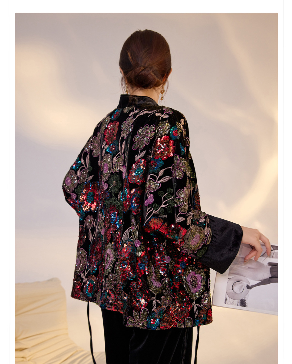 Áo khoác nữ thêu hoa đính sequin thêu nổi bật dáng suông — Begonia đỏ (giao hàng trong 7 ngày), Begonia đỏ (phát hành cùng ngày)