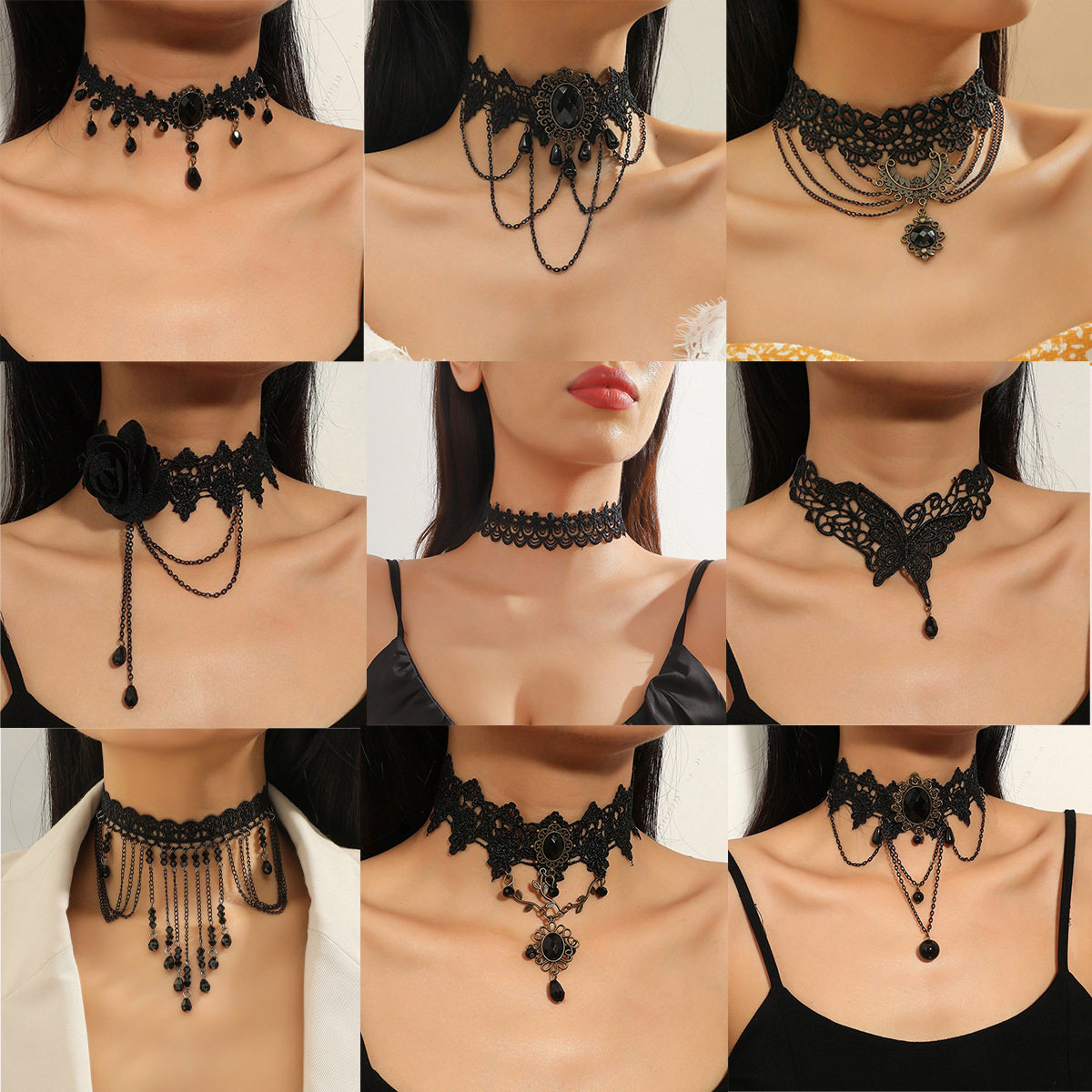 European and American Cross-Border Jewelry Black Choker Lace Clavicle Pendant Light Luxury High-End Necklace Hollow Tassel Gothic