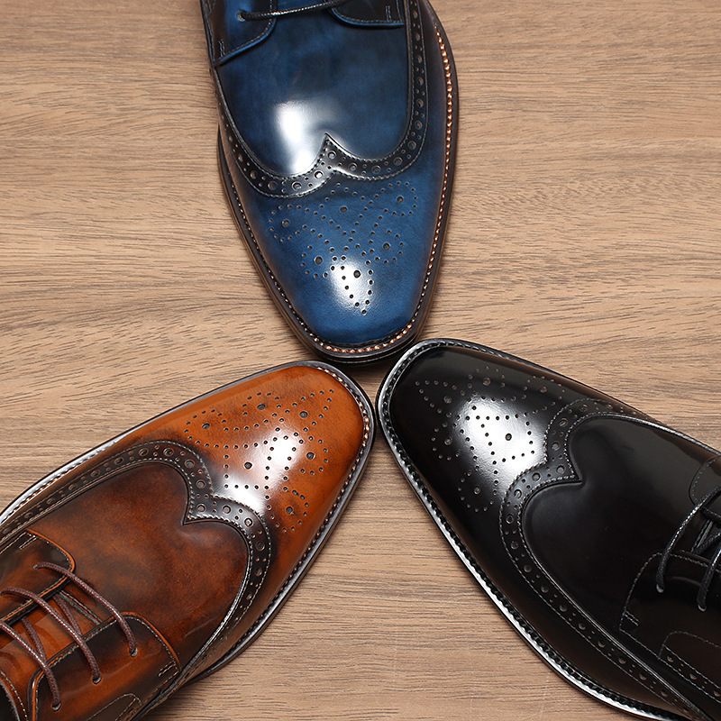 Giày da nam công sở cao cấp kiểu Brogue da bò mũi vuông — Xanh ngọc lam, màu đen, Màu nâu vàng