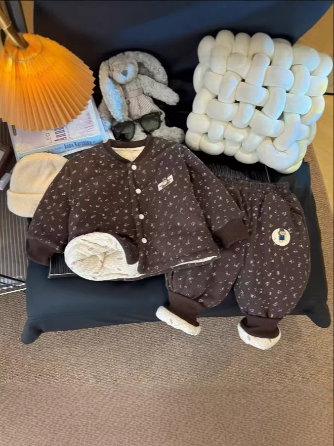 New Girls' Winter Floral Print Padded Jacket & Pants Set, Thickened Cotton Coat & Trousers, Temperature-Changing Padded Outfit