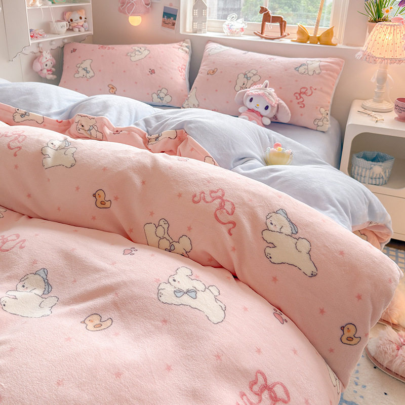 Ins Thickeneded Milk Velvet Four-Piece Winter Fleece-Lined Quilt Cover French Velvet Dormitory Three-Piece Fitted Sheet Wholesale Delivery