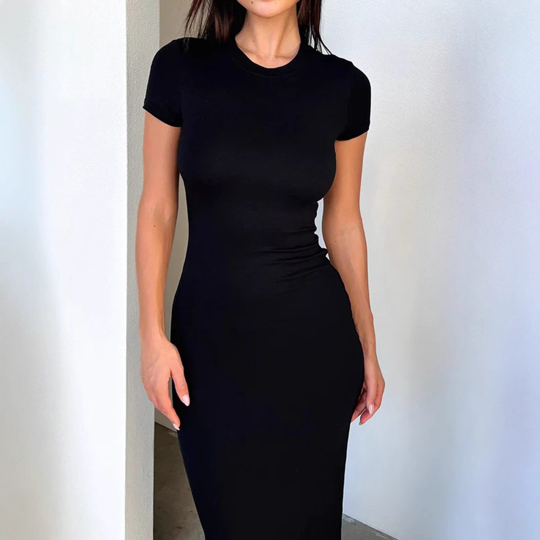 亚马逊欧美女装春夏外贸纯色气质高弹修身性感短袖长裙连衣裙