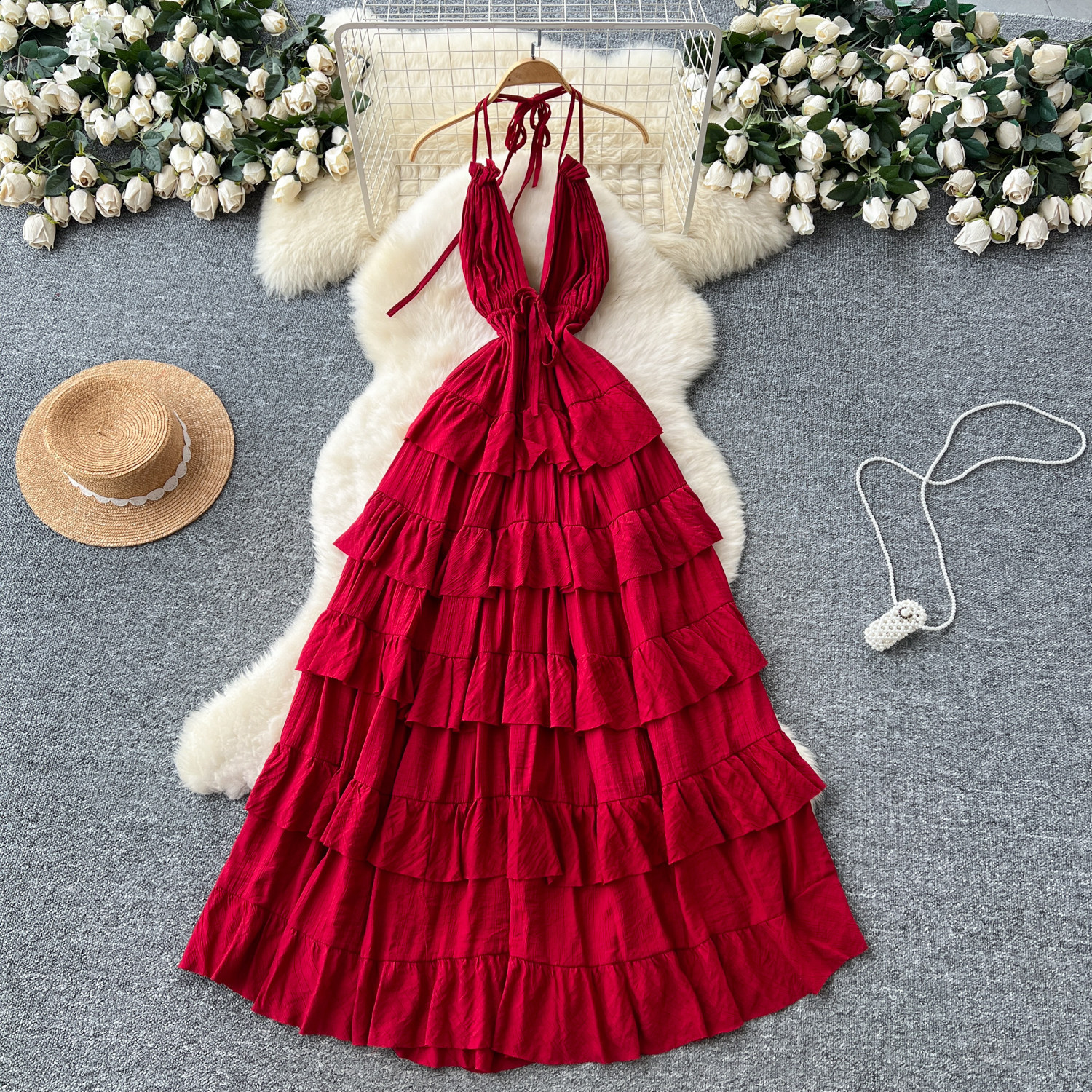 Summer Womens Maxi Dress Elegant Deep V Neck Halter Neck Waist Tie Cake Style Perfect for Parties and Special
