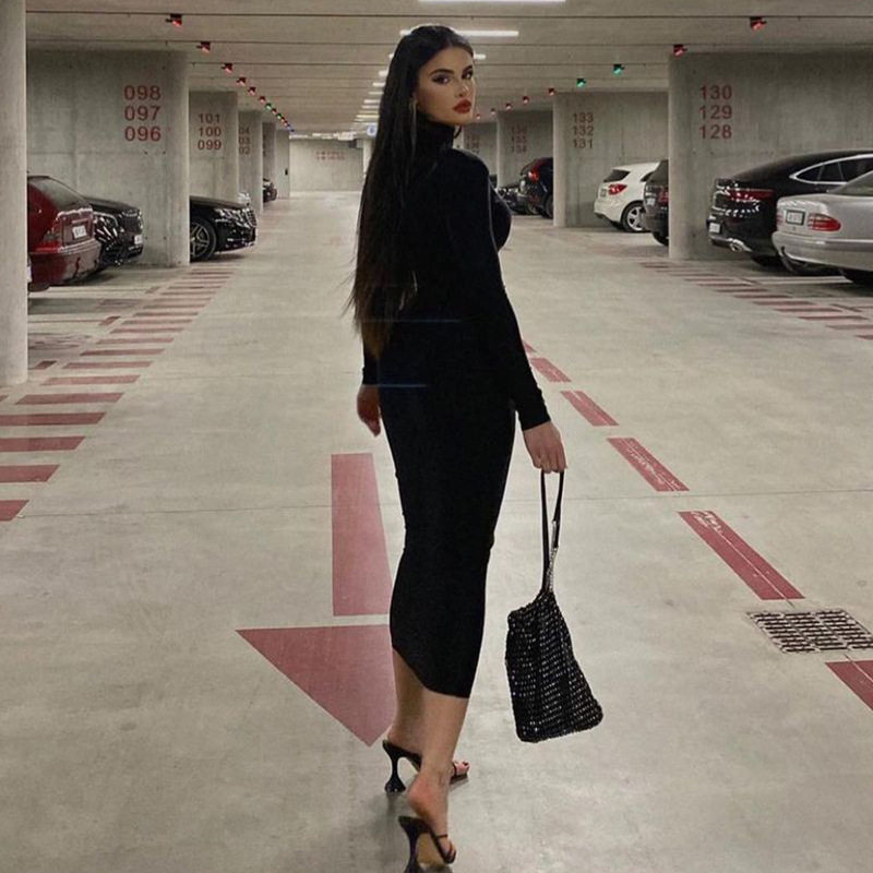 High Neck Long Sleeve Dress Slim Fit Solid Color Fashionable Design Autumn Wear for Women Wholesale Available