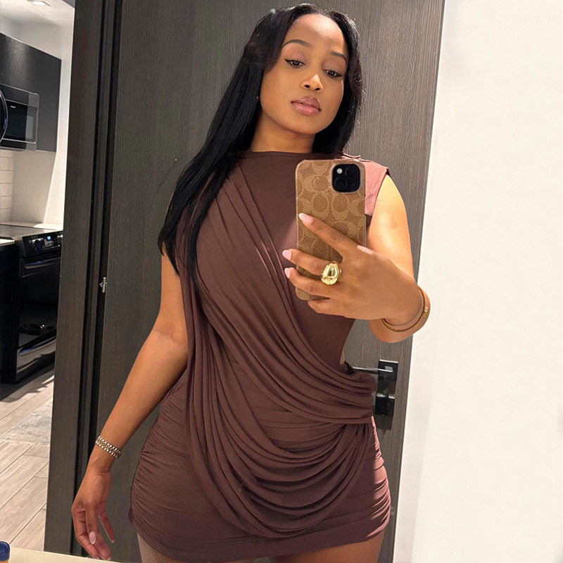 Solid Color Ruched Bodycon Mini Dress Sleeveless Round Neck Asymmetrical Hem Trendy Streetwear for Casual Outings