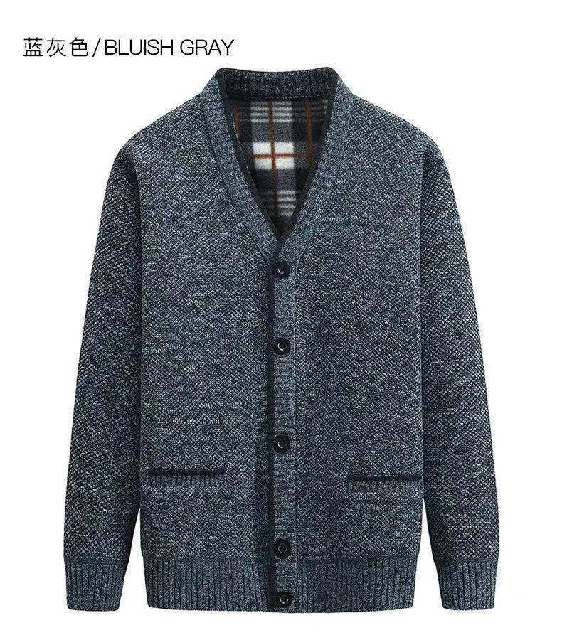 一件代发  冬季中年男加绒毛衣开衫 加厚V领中老年爸爸装针织外套