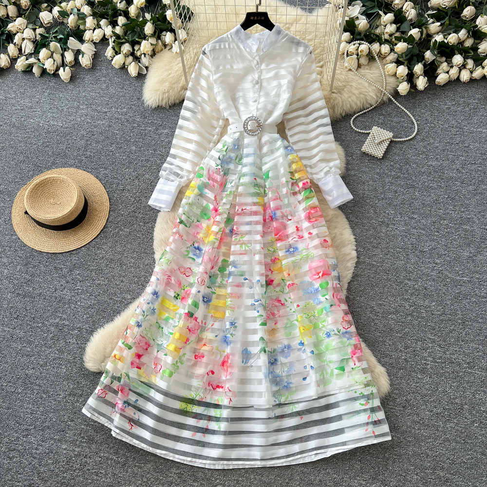 French Style Printed Long Sleeve A Line Dress for Women Waist Defining Elegant Summer Fashion Wholesale Available