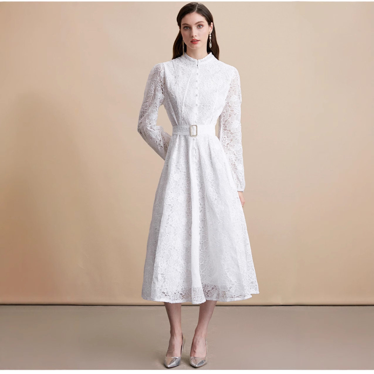 Elegant French Style Lace Embroidered Dress Stand Collar Button Closure Waist Defined Flared Skirt Autumn Fashion