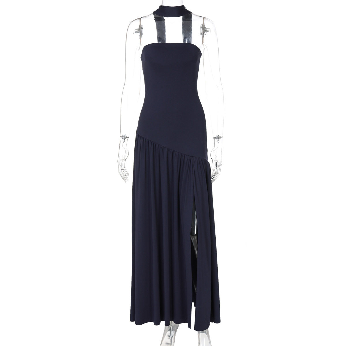 欧美跨境新款女装时尚气质抹胸修身纯色开叉露背优雅飘带连衣裙女