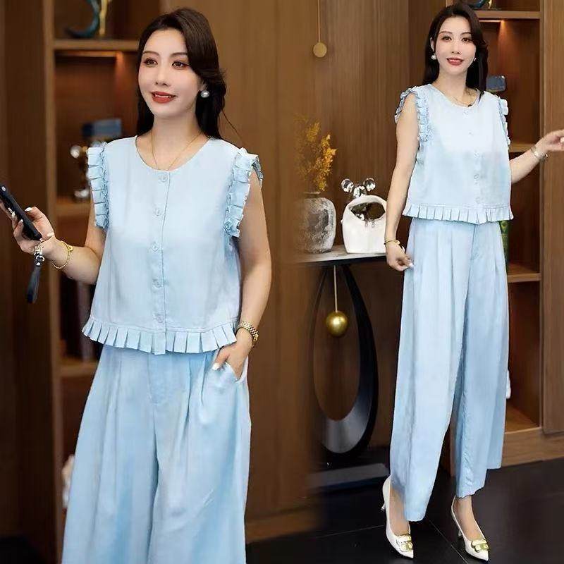 Fashion Suit for Women 2025 Summer New Style Slimming Ear-Hem Sleeveless Vest and Wide-Leg Pants Two-Piece Set
