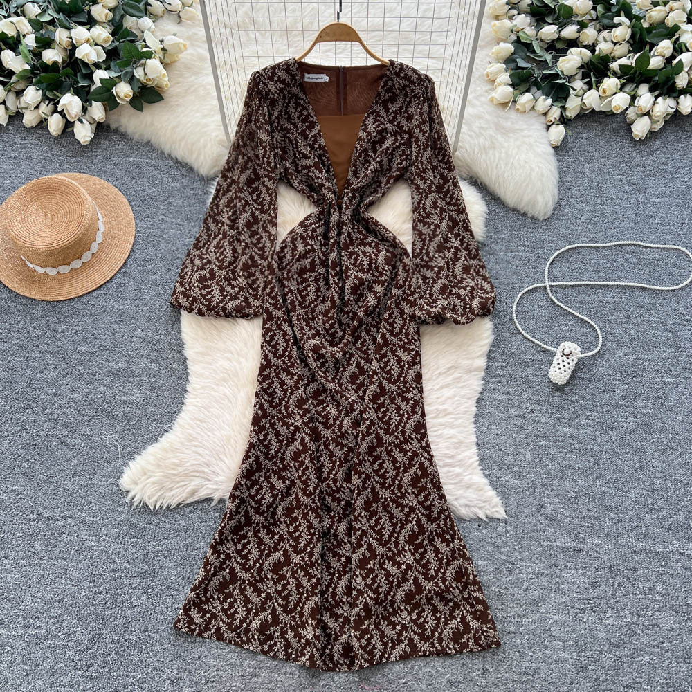 Elegant V Neck Floral Print Dress Lantern Sleeves Slim Fit Long Mermaid Style Perfect for Formal Occasions
