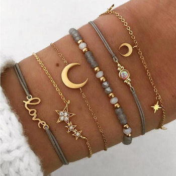 European and American Cross-Border Jewelry, Fashionable and Simple Love Five-Pointed Star and Moon Combination Six-Piece Set of Bracelets Wholesale