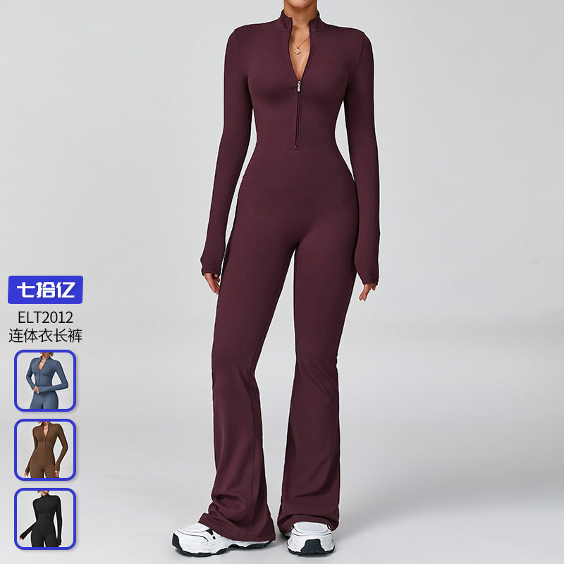 Cross-Border Zipper Cloud-Like Long-Sleeved Yoga Jumpsuit High-Intensity Fitness Sports All-In-One Bodysuit 2012