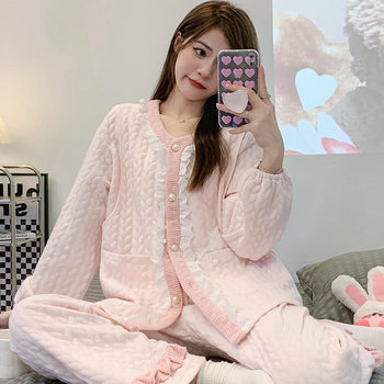 Autumn and Winter Lunch Clothing Thickened Sandwich Air Cotton Lace Long Sleeve Trousers Postpartum Nursing Pregnant Women's Pajamas Women's Suit