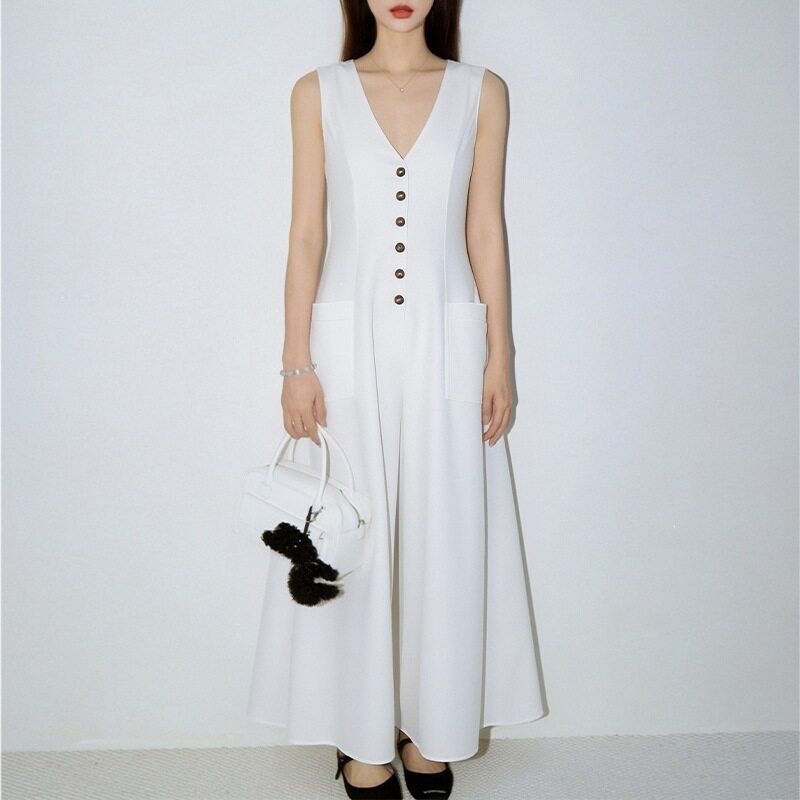 Womens Casual Loose V Neck Button Dress Solid Color Spring Fashion Ideal for Everyday Wear Wholesale Available