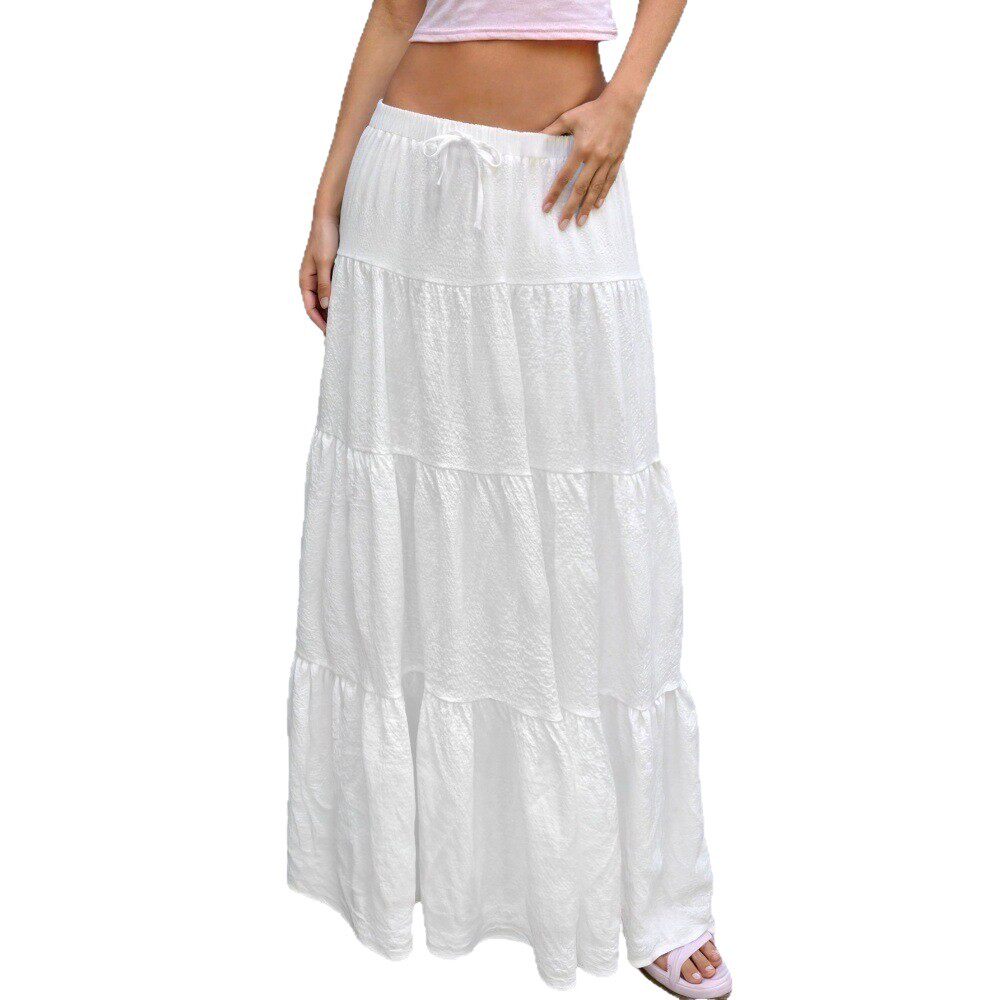White Ruffled Drawstring Maxi Skirt Sweet Style Flowy Design Summer Wear Wholesale Womens Fashion Apparel