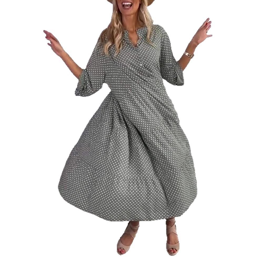 Summer Floral Print Button Up Polka Dot Dress Loose Fit Stand Collar Short Sleeve Casual Wear for Women OEM