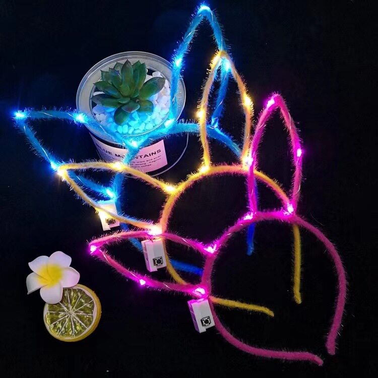跨境热卖14灯毛毛兔耳朵发光发箍地推金丝羽毛猫耳朵发光头箍玩具