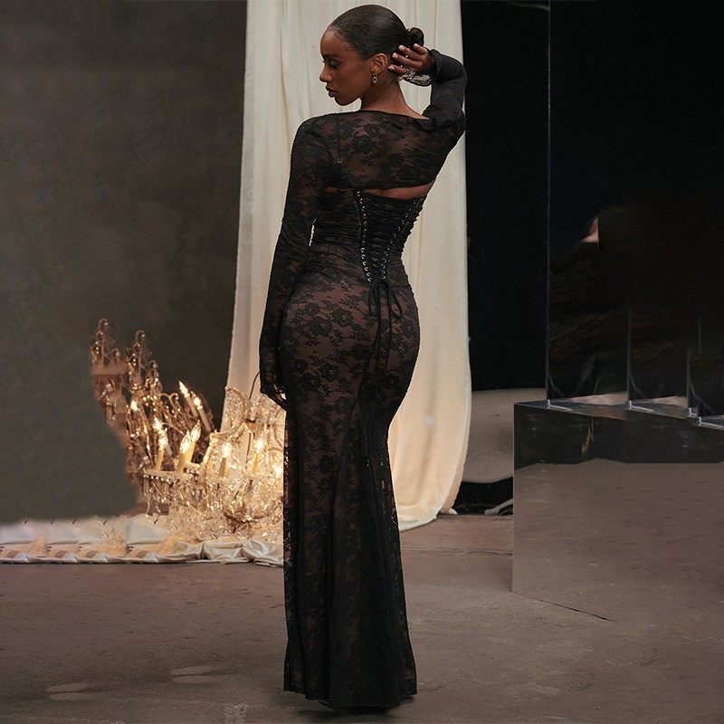 Womens Sleeveless Lace Maxi Dress Elegant Floral Design Long Sleeve Sexy Fit Perfect for Autumn Events Wholesale