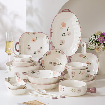 Plate Household Purple Flower Double-Eared Plate Dish Plate Kitchen Tableware Dish Plate Ceramic Dinner Plate Deep Plate Ins Dinner Plate