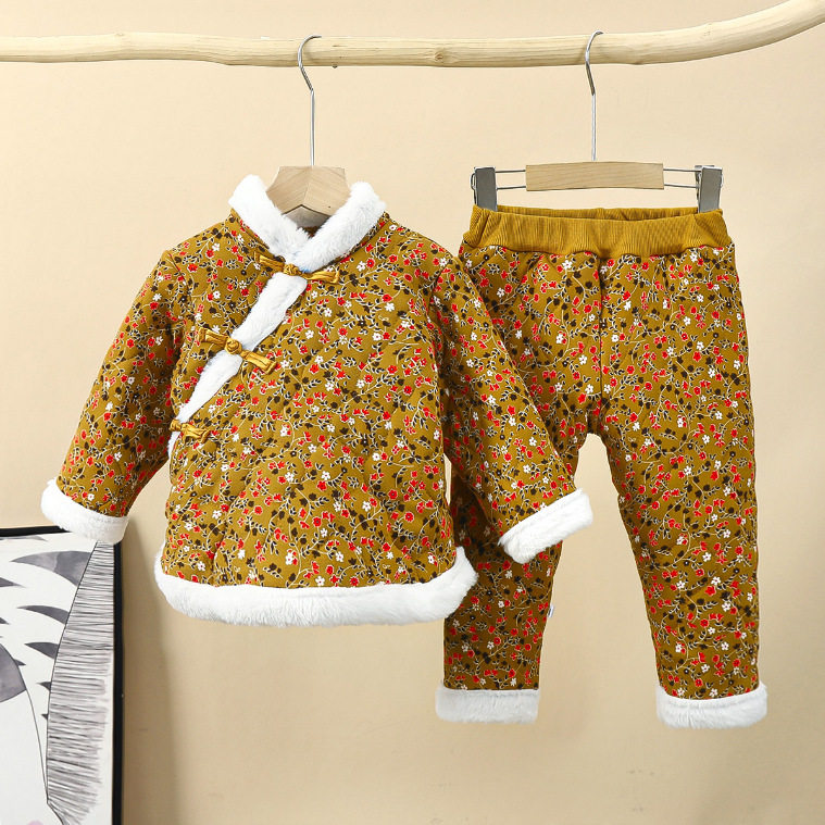 Girls' Winter Cotton Jacket, Viral Floral Print Padded Set, Baby Spring Festival Outfit, Thickened Northeast Style Floral Cotton Coat Set