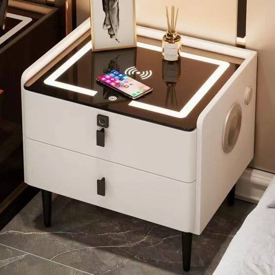 Smart and Simple Solid Wood Bedside Table with Wireless Charging, Light, Bluetooth Speaker, Fingerprint Lock, Cream Style, Hot-Selling Model, Storage