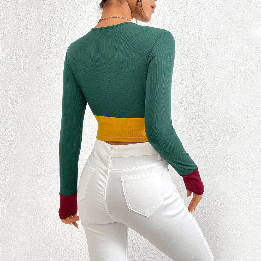 Womens Color Block Long Sleeve T Shirt Slim Fit Round Neck Stylish Design Autumn Winter Fashion Wholesale Available