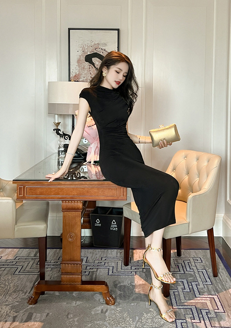 Đầm ôm body nữ dáng dài, cổ đứng, tay không, eo cao, phong cách châu Âu — [Đen], [Tím cỏ lộc đài] chi tiết 15