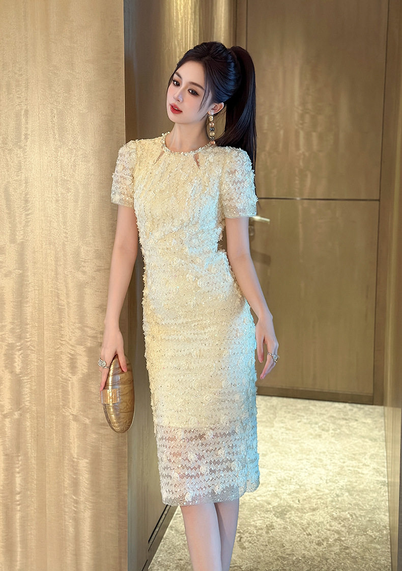 Đầm ren ôm body nữ cổ tròn tay bồng cao eo 2025 — [Trắng hồng], [Tím] chi tiết 9