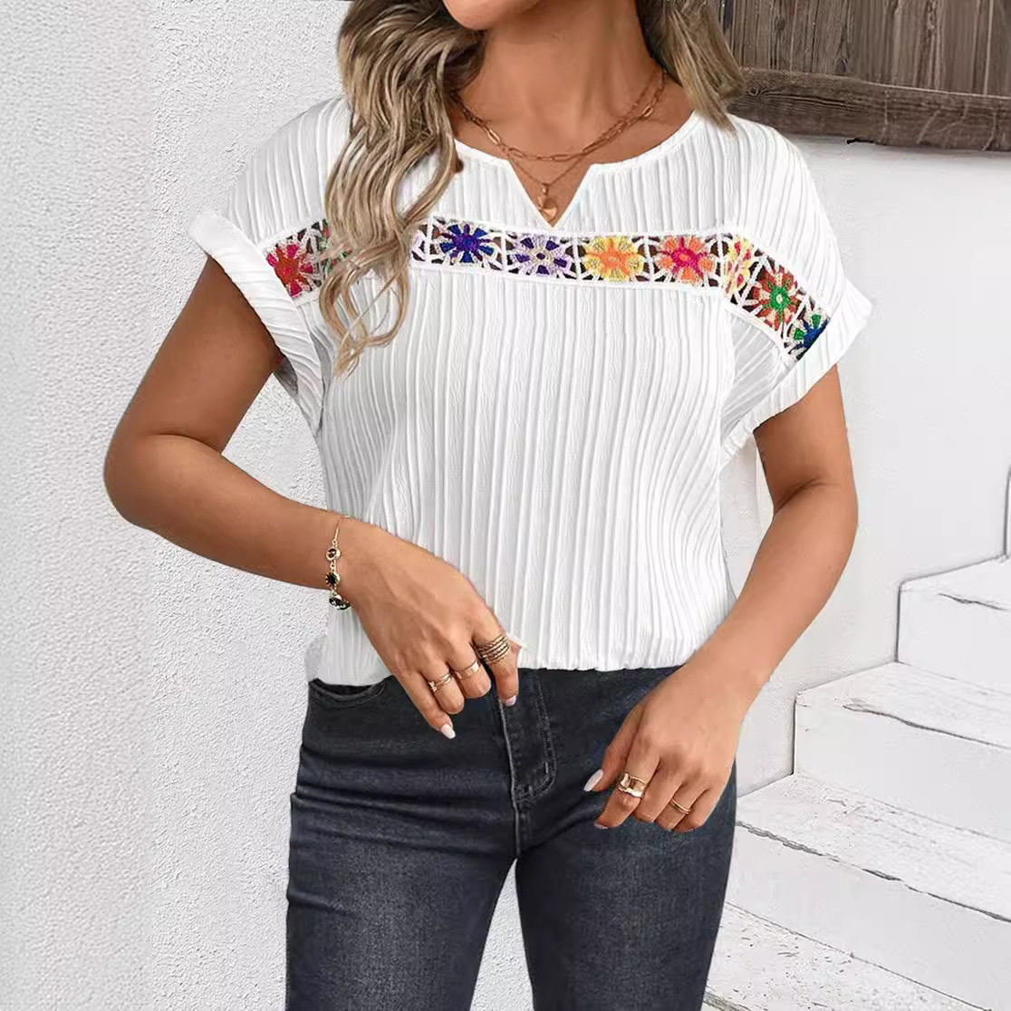 V Neck Short Sleeve Floral Patchwork Top Summer Style Elegant Design Womens Fashion Wholesale Available