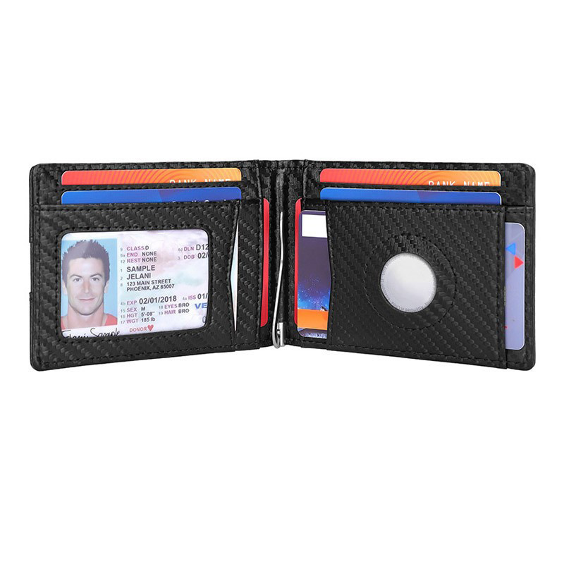 Ví nam da thật họa tiết carbon nhiều ngăn chống trộm RFID kèm kẹp tiền — Màu đen