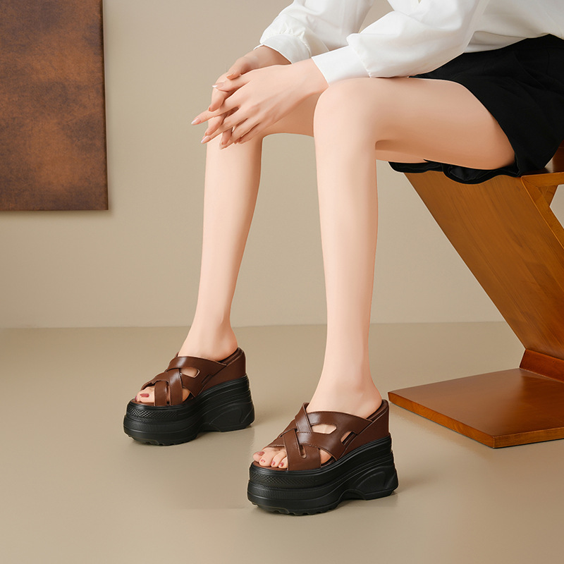 Giày Dép Lê Nữ Chất Liệu Da Bò Cao 14cm Tăng Chiều Cao Đế Cao Hàng Mùa Hè