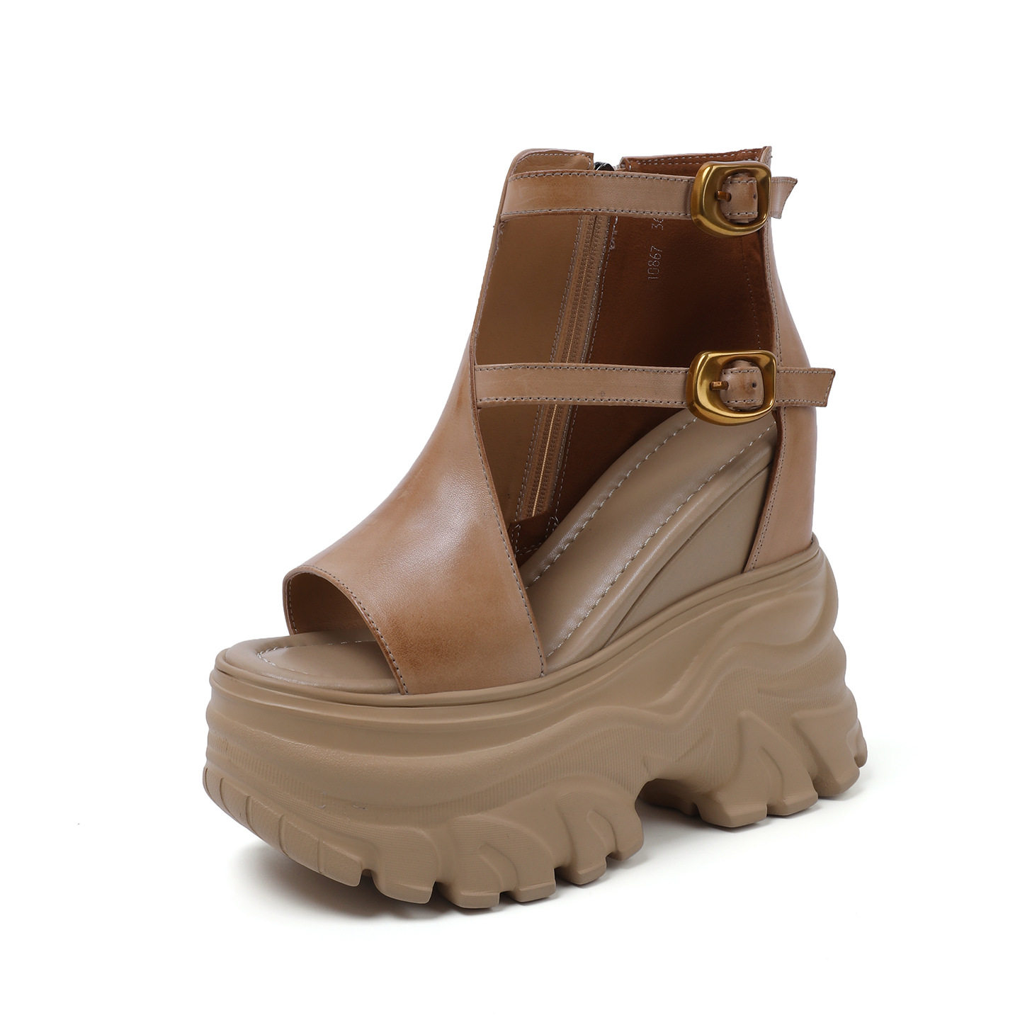 Sandal nữ đế xuồng cao 14 cm quai rộng hở mũi chất da bò — [Đen], [Be]