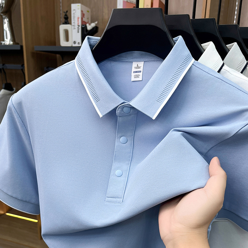 Áo polo nam Leishibert pha cotton lụa tơ tằm, tay ngắn co giãn thoáng mát mùa hè — Xanh biển, Xanh đậu nhạt, Vàng mạch nha, Đen bóng tối