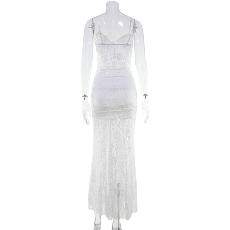 Lace Backless Maxi Dress Solid Color Sexy Spaghetti Straps High Slit Elegant Gown Perfect for Evening Events