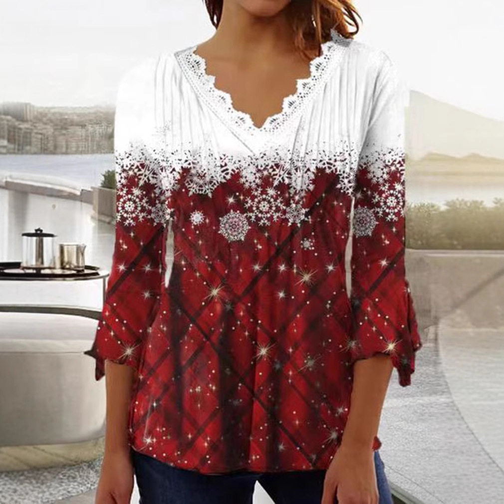 V Neck Long Sleeve Top Snowflake Print Plaid Design Autumn Winter Style Wholesale Available bulk order