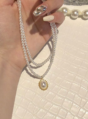 优雅复古法式双层珍珠项链女ins网红锁骨链简约小众设计脖子饰品