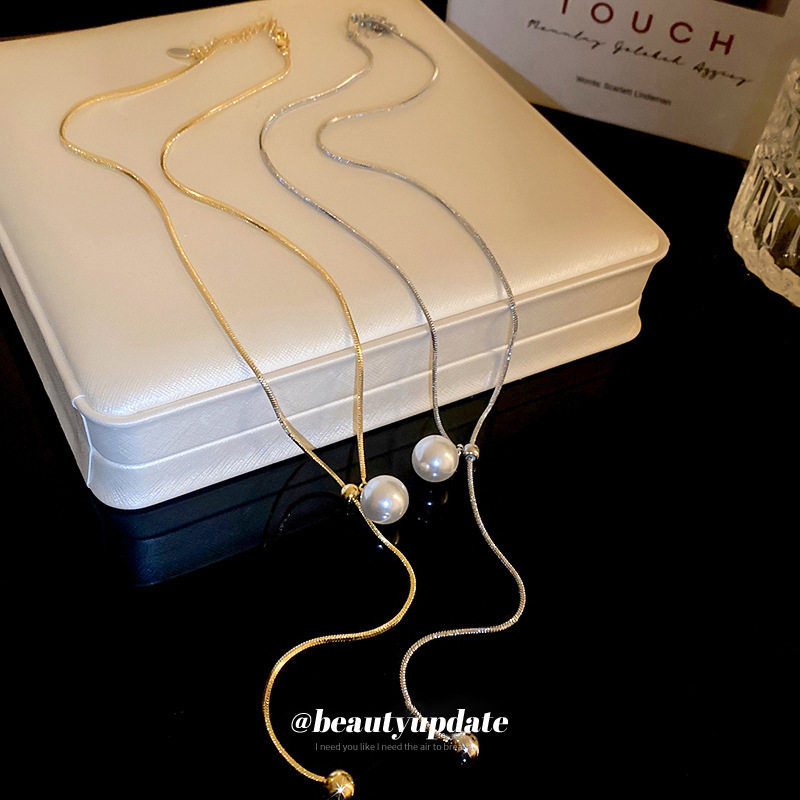 Simple ins Style Pearl Snake Chain Round Beads Adjustable Necklace Internet Celebrity Elegant Clavicle Chain Fashionable Light Luxury Women's Necklace