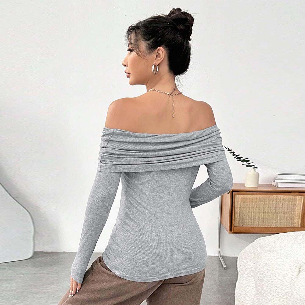 Womens Knit Long Sleeve Top Off Shoulder Slim Fit Fashionable Design Autumn Winter Style Wholesale Available