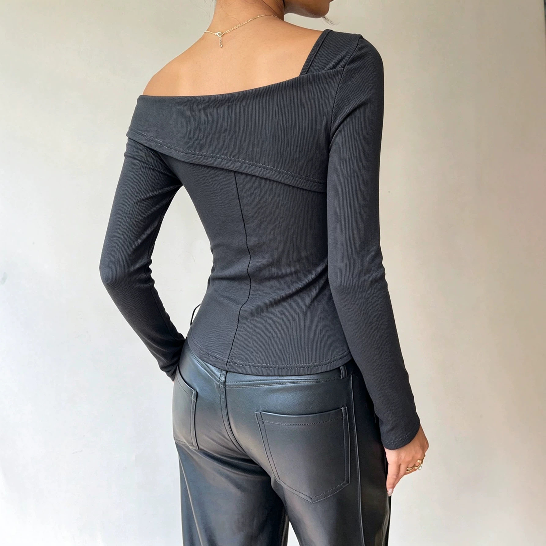 Asymmetrical Cutout Long Sleeve T Shirt for Women Slim Fit Off Shoulder Trendy Design Casual Wear Party Style