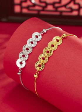 碎冰冰五帝币项链手链s925纯银镀黄金色锤纹爆闪亮钱币锁骨链饰品