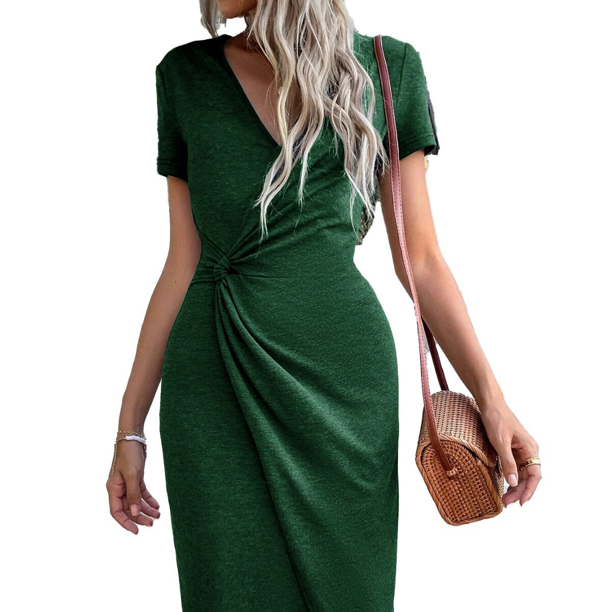 V Neck Knotted Waist Midi Dress Elegant Solid Color Split Design Comfortable Knit Fabric Perfect for Casual or Formal