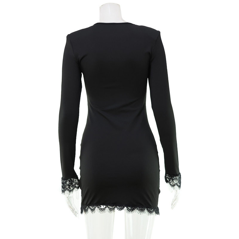 French Style Womens Lace V Neck Bodycon Dress Long Sleeve Solid Color Slim Fit Perfect for Autumn Events Wholesale