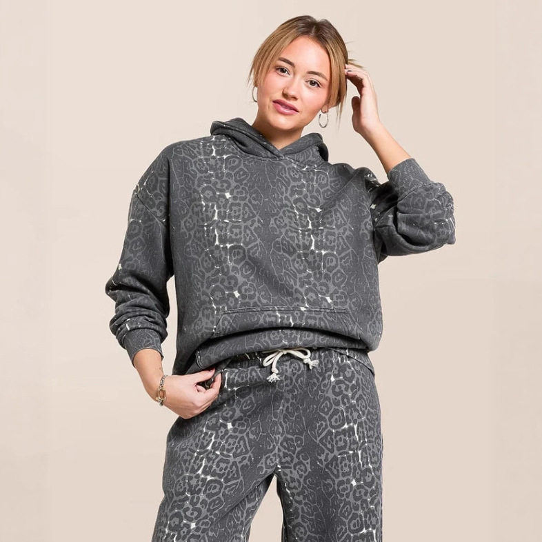 Womens Fashion Hooded Sweatshirt and Wide Leg Pants Set Leopard Print Casual Style Winter Wholesale Available